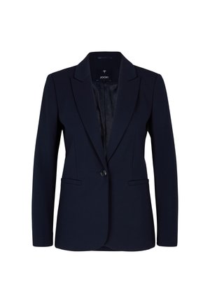 Blazer blu navy con revers a punta, chiusura a un bottone e due tasche frontali. Realizzato in un tessuto morbido con una leggera lucentezza.