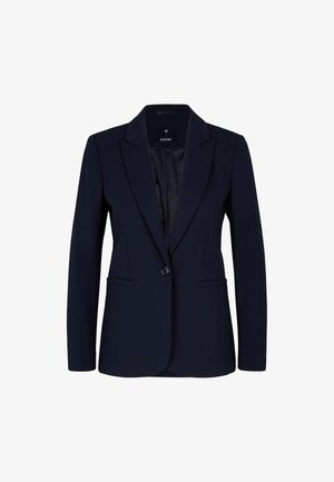 Navy blazer with a notched lapel, single button closure, and two front pockets. Crafted from smooth fabric with a subtle sheen.