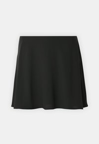 Černá rozšířená sukně vyrobená z lehkého materiálu, s hladkou texturou, minimalistickým designem a áčkovým střihem bez viditelných úponů.