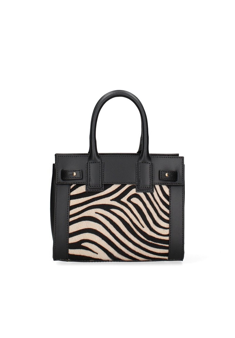 Zwarte leren handtas met een paneel in zebraprint in crème en zwart. Voorzien van twee bovenhandvatten en decoratieve hardware accenten.