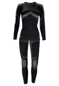 Black long-sleeve top and fitted leggings made of elastic material; features contrasting grey seams and padded knee accents for support.