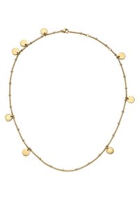 Gouden ketting met een fijne schakel, gekenmerkt door kleine, ronde schijfjes die gelijkmatig over de lengte zijn verdeeld, en een veilige sluiting.