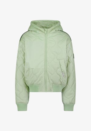 Hellgrüne gesteppte Kapuzenjacke mit Frontreißverschluss, Seitentaschen, gerippten Bündchen und Saum, mit dezentem Wellensteppmuster.
