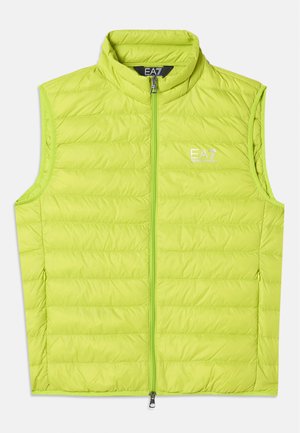 Gilet senza maniche in vivace verde lime, con colletto alto, zip frontale e motivo di trapuntatura orizzontale. Logo EA7 sul petto.