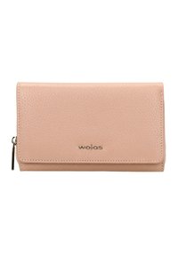 Světle růžová kožená peněženka s texturovaným povrchem, s logem, zavíráním na klapku a zipovým táhlem. Kompaktní, obdélníkový design.