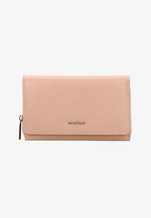 Portafoglio in pelle di colore rosa chiaro con superficie testurizzata, dotato di un logo, chiusura a patta e un tirante con zip. Design compatto e rettangolare.