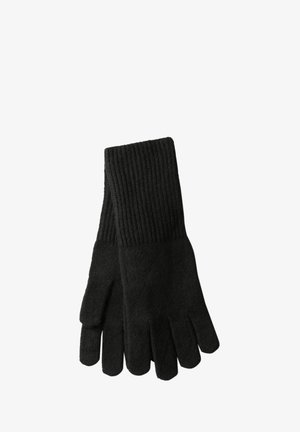 Černé pletené rukavice s žebrovanými manžetami, navrženy tak, aby udržely ruce v teple v chladném počasí.