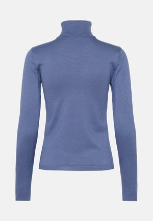 Suéter de cuello alto de canalé azul con mangas largas, que presenta un cuello estructurado y una textura suave. La vista trasera muestra un diseño ajustado.