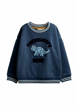 Granatowa dziecięca bluza z prążkowanym kołnierzem i mankietami, z kreskówkowym triceratopsem i napisem "Triceratops Roar" na przedniej stronie.