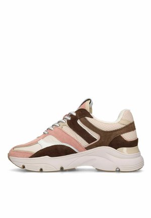 Chunky sneaker with pink, brown, and white suede and mesh panels, white and black laces, and thick white sole viewed from the side.