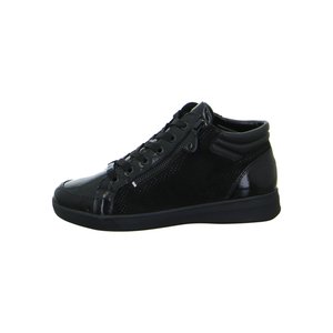 Baskets noires mi-hautes avec lacets à l'avant, fermeture éclair latérale, col rembourré, et textures mixtes lisses et en suède sur la semelle et la tige.