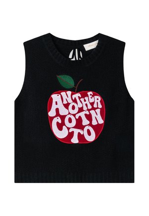Black sleeveless knitted top with red apple graphic featuring white stylized text "ANOTHER COTTON" and green leaf detail at the neckline.