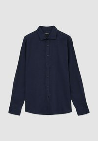 Camicia a maniche lunghe blu navy in misto cotone, con chiusura a bottoni frontale, colletto e orlo dritto, caratterizzata da una texture liscia.
