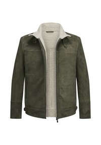 Grüne Wildlederjacke mit einem cremefarbenen Fleece-Futter, Frontreißverschluss und Seitentaschen. Sie verfügt über Druckknopfdetails am Kragen und strukturierte Manschetten.