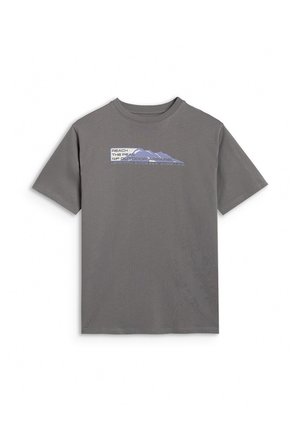 Szara koszulka z krótkim rękawem z grafiką góry i napisem „Reach the peak 4F Outdoor Apparel” na piersi.