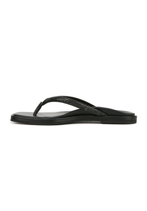 Schwarze Flip-Flops mit strukturiertem Riemen, flacher Gummisohle, minimalistisches Design, mit spitzem Zehensteg und glatter Oberfläche.