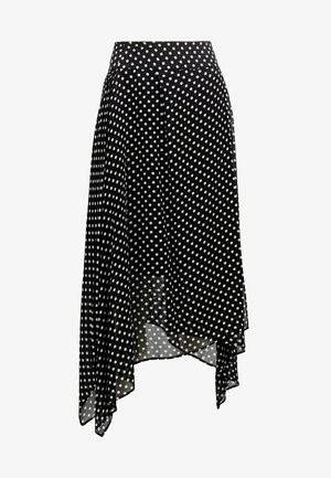 Zwarte rok met witte polka dots, met een vloeiend ontwerp, asymmetrische zoom en een zachte, lichte stof. Witte stippen creëren een contrasterend patroon over het hele oppervlak.