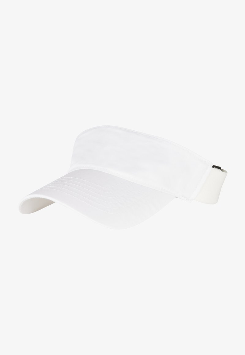 Biely visečkový klobúk so širokým predným okrajom, mäkký textilný materiál, nastaviteľný popruh na zadnej strane a jemný steh detail na visečku.