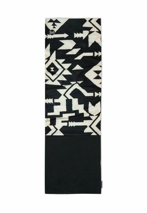 Gaiter multifuncional en blanco y negro con patrones geométricos, textura suave y una sección inferior negra sólida.