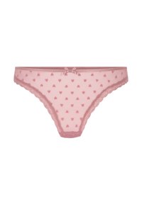 Roze netpanty met kleine hartpatronen, voorzien van kantafwerking en een strikdetail op de tailleband. Zachte textuur en delicate ontwerpelementen.