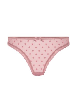 Rote Netz-Strings mit kleinen Herzmustern, verziert mit Spitzenrand und einer Schleifendetail am Taillenbund. Weicher Stoff und zarte Designelemente.