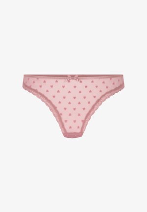Roze netpanty met kleine hartpatronen, voorzien van kantafwerking en een strikdetail op de tailleband. Zachte textuur en delicate ontwerpelementen.
