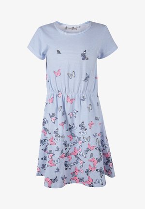 Modré pruhované šaty s krátkými rukávy, s nařízeným pasem a potiskem motýlů v růžových a modrých odstínech. Lehce materiál.