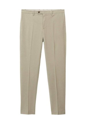 Beige maßgeschneiderte Hose aus leichtem Stoff, mit zwei vorderen Falten, seitlichen Taschen und einem Knopfverschluss.