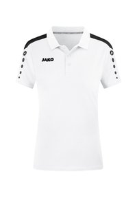 Polo bianco con dettagli neri sulle spalle, motivo a pois sulle maniche, patta con tre bottoni e logo "JAKO" sul davanti.