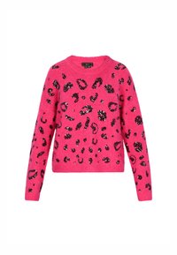 Różowy sweter o puszystej teksturze z czarnymi cekinowymi plamkami w stylu lamparta, okrągłym dekoltem i długimi rękawami. Krótkie fason.