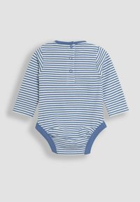 Gestreepte lange mouwen romper in blauw en wit. Beschikt over een ronde halslijn en een knoopsluiting met drie knopen aan de achterkant. Zachte ribbelstructuur.