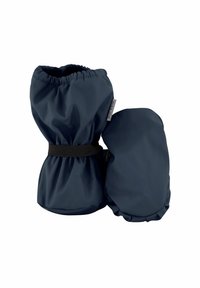 Kék vízálló kesztyűk elasztikus mandzsettával és fekete szövetpánttal. Puha tapintású, lekerekített formájú, hideg időjáráshoz alkalmas.