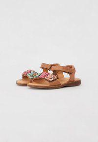 Bruine leren sandalen met florale accenten in roze, turquoise en beige. Open teen ontwerp met verstelbare banden en een platte zool.