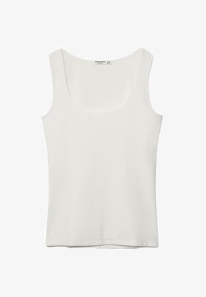 Débardeur blanc sans manches avec encolure dégagée, ourlet droit et étiquette de vêtement à l'intérieur du col au dos.