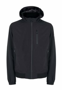 Giubbotto nero con cappuccio, chiusura con zip frontale e polsini elastici. Realizzato in un materiale liscio, con due tasche laterali e una tasca sul petto con zip.