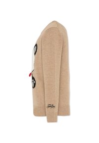 Maglione lavorato a maglia beige con un design di un cane bianco e nero sulla parte frontale, maniche lunghe e orlo a costine con dettaglio del logo nella parte inferiore.