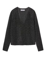 Maglione nero a maniche lunghe con scollatura a V profonda, caratterizzato da una finitura metallica, texture morbida e un design cropped.