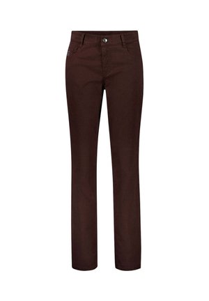 Pantalon marron foncé à jambes droites avec bouton avant et poches, présenté sur fond blanc.