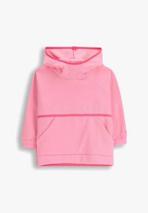 Różowy kapturowy sweatshirt z kieszenią kangurzą, kontrastowym wykończeniem i haftowanym napisem "cytryna" na przodzie. Miękki, gładki materiał.