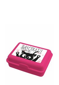 Contenitore rettangolare rosa con coperchio, caratterizzato da una grafica di un gatto nero in stile cartone animato, con il testo "NASCHKAITZE" e accenti di impronte rosa.
