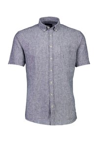 Korte mouwen button-up shirt in blauw en witte verticale strepen, met een kraag en een borstzak. Gemaakt van lichtgewicht stof.