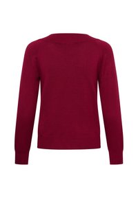 Pull à manches longues rouge foncé avec encolure ronde, poignets et ourlet côtelés, vu de dos sur fond blanc.