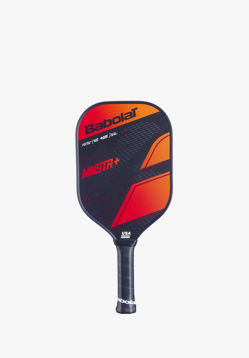 Babolat MNSTR+ padel, med et sort og rødt design, rektangulær form, tekstureret overflade og et sort greb.