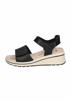 Sandales compensées en cuir noir avec deux brides réglables, une semelle intérieure rembourrée et une semelle intermédiaire beige texturée soulignée d'une bande noire.