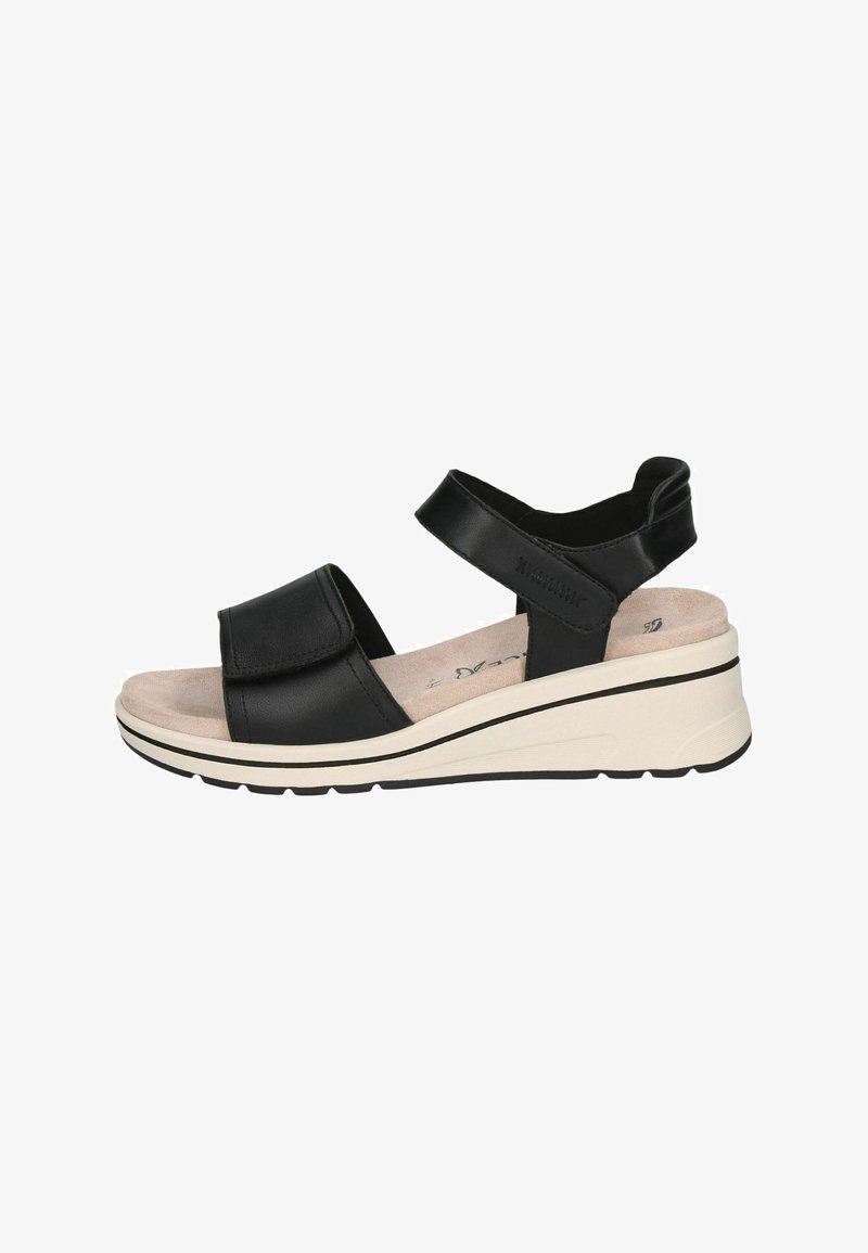 Sandales compensées en cuir noir avec deux brides réglables, une semelle intérieure rembourrée et une semelle intermédiaire beige texturée soulignée d'une bande noire.