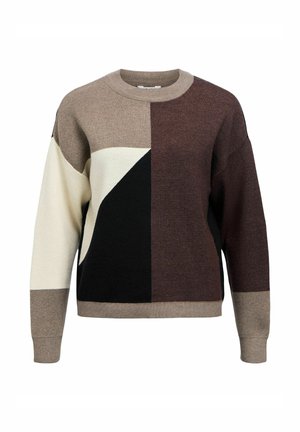 Gebreid sweater met een kleurblokontwerp in beige, bruin, zwart en crème delen. Ronde hals, lange mouwen en geribde zoom.