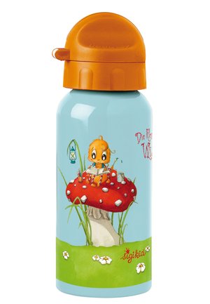 Stainless steel water bottle with an orange cap. Features a blue background and a red mushroom with a cartoon character reading on top.