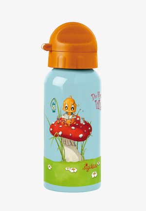 Stainless steel water bottle with an orange cap. Features a blue background and a red mushroom with a cartoon character reading on top.