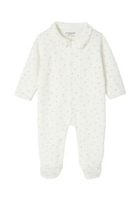 Weißer Langarmbabystrampler mit Füßchen, kleinem rosa Blumenmuster, Druckknöpfen vorne und einem runden Kragen, Größe 1 Monat.