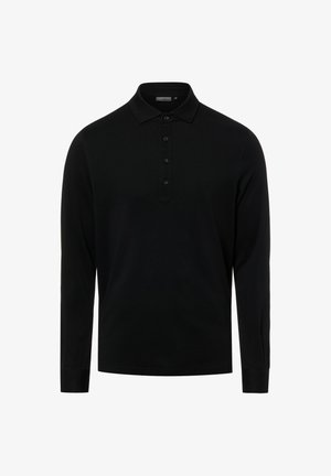 Zwart poloshirt met lange mouwen, een klassieke kraag en vier zwarte knopen langs de voorkant.